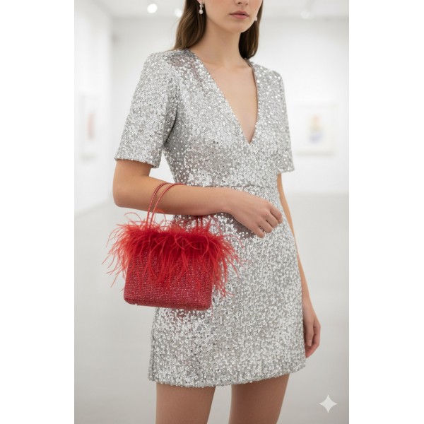 Evening Bag - Beaded w/ Ostrich Feather Trim - Red - BG-EV910RD
